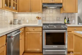 Updated counters with under cabinet lighting compliment the modern propane cooktop.