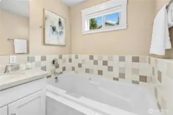 The deep soaking tub is perfect for your post-workout routine or capturing a few quiet moments.