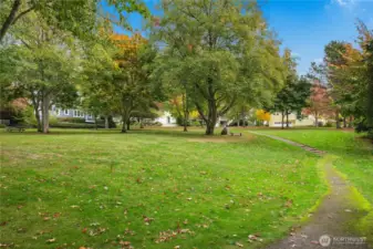 Another view across the neighborhood park, located in the center of these storybook homes.