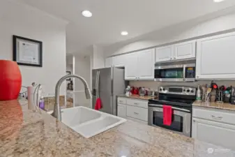 Chef's kitchen with slab granite counters and stainless appliances...