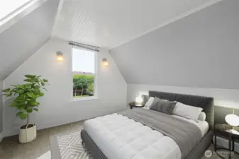 Bedroom #2 features decorative wainscoting and a view of Commencement Bay. Photo Virtually Staged