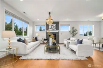 Open great room design with abundant natural light