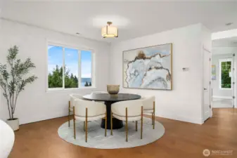 Formal dining with views of the lake and mountains