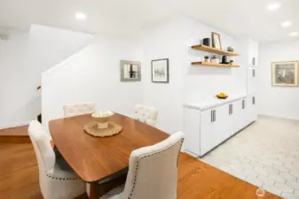 Oak hardwood floors throughout living, dining room, and upper bedrooms.