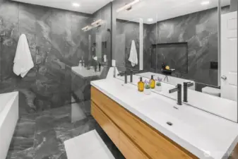 Full bath on the upper floor was renovated in 2023~ heated floors, deep MTI soaking tub, separate shower and O&N double vanity.