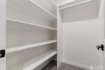 Primary bedroom closet with built-in shelves