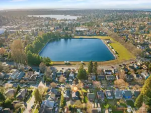 Aerial photo looking west! You can see Green Lake is a short walk away. Prime Ravenna neighborhood. Just a couple of blocks to light rail, and Whole Foods, cafes, etc. And only minutes to the UW, downtown, Childrens, 520 and Amazon!