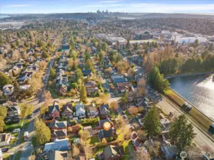 Aerial photo looking south! You can see the city scrape of downtown Seattle. Prime Ravenna neighborhood. Just a couple of blocks to light rail, and Whole Foods, cafes, etc. And only minutes to the UW, downtown, Childrens, 520 and Amazon!
