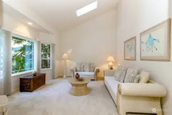 Living room with vaulted ceiling and skylights, view of matured landscaping