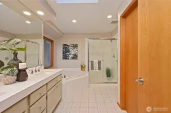 the 5 piece primary bathroom features a skylight,