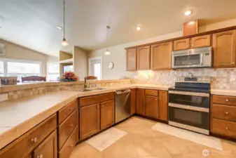 Porcelain tile and backsplash are a beautiful feature.