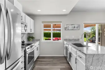 Kitchen with granite countertops.