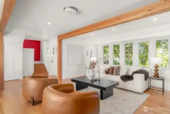 Looking out the beautiful double-paned windows at the evergreen trees give a sense of tranquility.