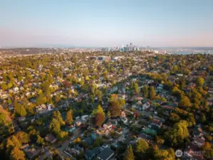 A bird's eye view of Queen Anne looking toward Seattle's skyline.
