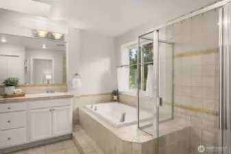 Primary soaking tub and shower with a view and privacy.