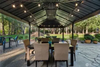 For rainy days or needing some shade in the summertime, enjoy this amazing pergola fit for multiple groups.
