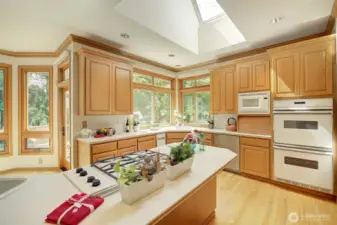 Open kitchen with gas cooking island and double oven