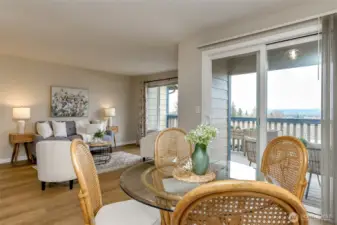 This view from the dining room faces the full length deck and living room.