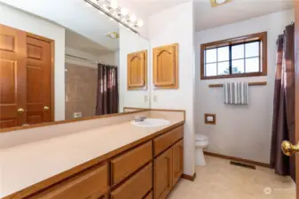 Main bathroom, on 2nd floor, has separate linen closet, to far right, not in camera view.