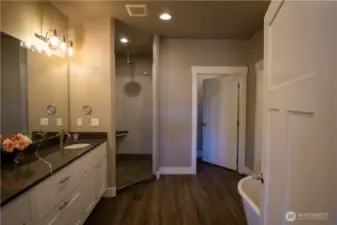 Master bath with custom shower and soaking tub.