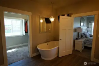 Soaking tub and a large walk-in closet.