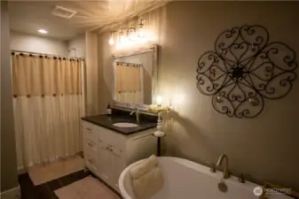 Upstairs guest bathroom with shower and a soaking tub.
