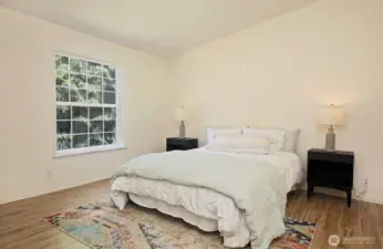 Primary bedroom with a generous window. Note the majestic cedar outside your window, providing privacy and beauty. The Primary Bathroom is just beyond the right edge of this photo.