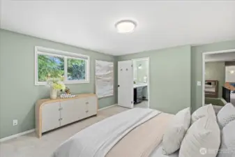 Primary bedroom with en-suite 3/4 bath and new LED dimmable ceiling light