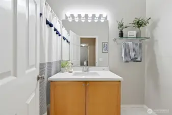 Full-sized guest bathroom featuring tub/shower combo and new quartz countertop and sink.