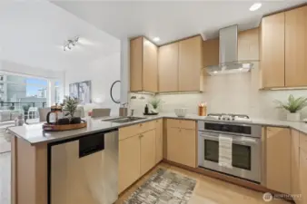 Here's a closer look at the custom kitchen including a gas cooktop, Jenn-Air refrigerator and oven, Zephr oven vent hood, slab granite countertops and Canyon Creek Cabinets.