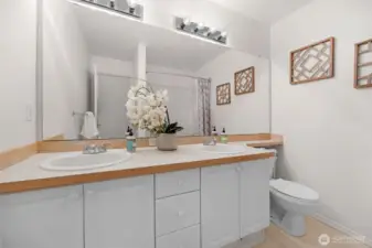 Large primary ensuite with double vanity.