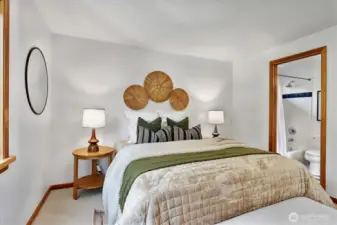 Wake to peaceful treed views and songbirds outside your window, and get ready for the day in the handy ensuite bath.