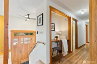 Hall closet cleverly converted into a compact desk nook