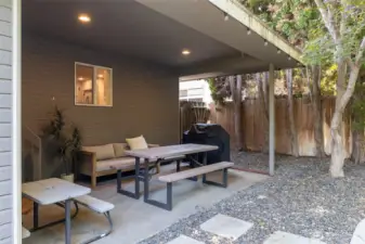 Covered outdoor seating with protection from the sun.
