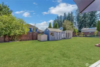Plenty of room around your shed and chicken coop. Fruit trees in the far right. Grass is enhanced