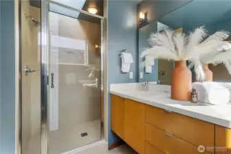 Huge shower with skylight.