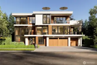 Experience elevated Northwest contemporary new construction by Voyager Homes perched above Lake Washington with stunning, unobstructed water views and a view of Mercer Island. *Exterior Rendering*
