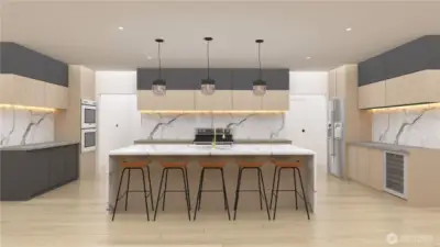 The chef’s kitchen includes stainless steel appliances, Calacatta countertops, sleek cabinetry, & an oversized island ideal for storage, meal prep, and effortless entertaining. *Kitchen Rendering*