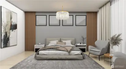 Luxurious and spacious primary suite featuring elegant finishes, serene ambiance, and a retreat-like setting designed for ultimate comfort. *Interior Rendering*