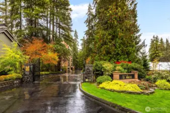 Gated entrance to St. Moritz Condominiums in Mill Creek, surrounded by mature evergreens and landscaped grounds.