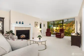 Cozy living room with a fireplace, a perfect place to unwind and enjoy peaceful wooded views through floor-to-ceiling windows.