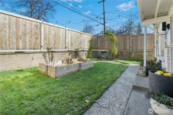 Fully fenced front and back yard with rose beds!