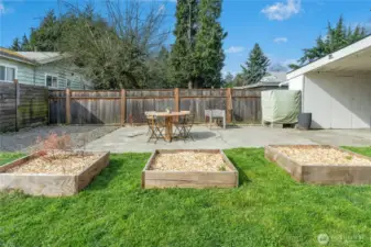 Huge fully fenced backyard with patio area, and garden beds!