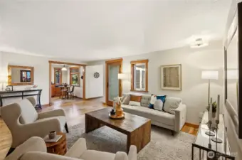 Living area with hickory wood floors.