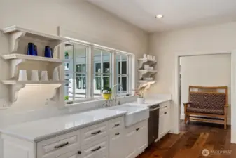 Elegant farmhouse sink with views overlooking the grounds.