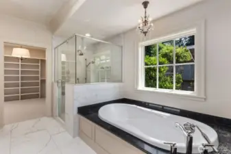 Lovely soaking tub and primary shower leading directly to the expansive walk-in closet.