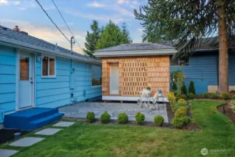 Backyard Patio with Newly Built Detached Powered Office. Complete with Mini Split for Heat and A/c