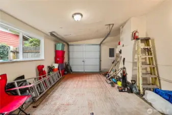 Insulated & sheetrock finished garage includes a separate backyard man door. Oversized for workspace, storage, or an ADU conversion perhaps?