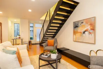 Main floor open floor plan with high ceilings.