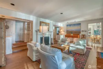 Living room with views towards kitchen
